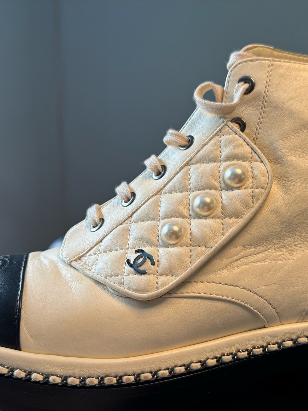 CHANEL Ivory Leather Quilted Pearl-Accent Lace-Up Boot with Black Cap Toe